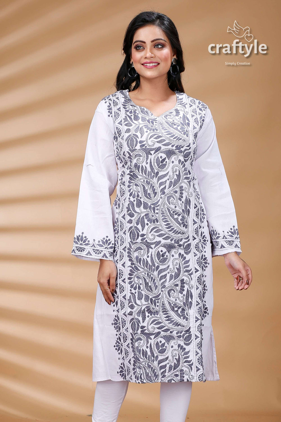 White and Grey Thread Work All Over Work Cotton Kantha Kurti - Craftyle