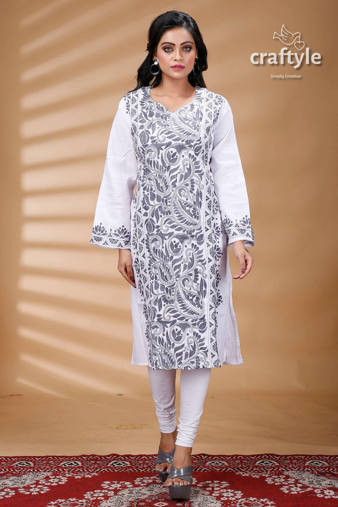 White and Grey Thread Work All Over Work Cotton Kantha Kurti - Craftyle