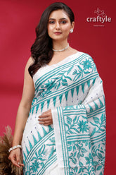 White and Persian Green Hand Embroidery Silk Kantha Saree - Craftyle