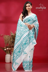 White and Persian Green Hand Embroidery Silk Kantha Saree - Craftyle