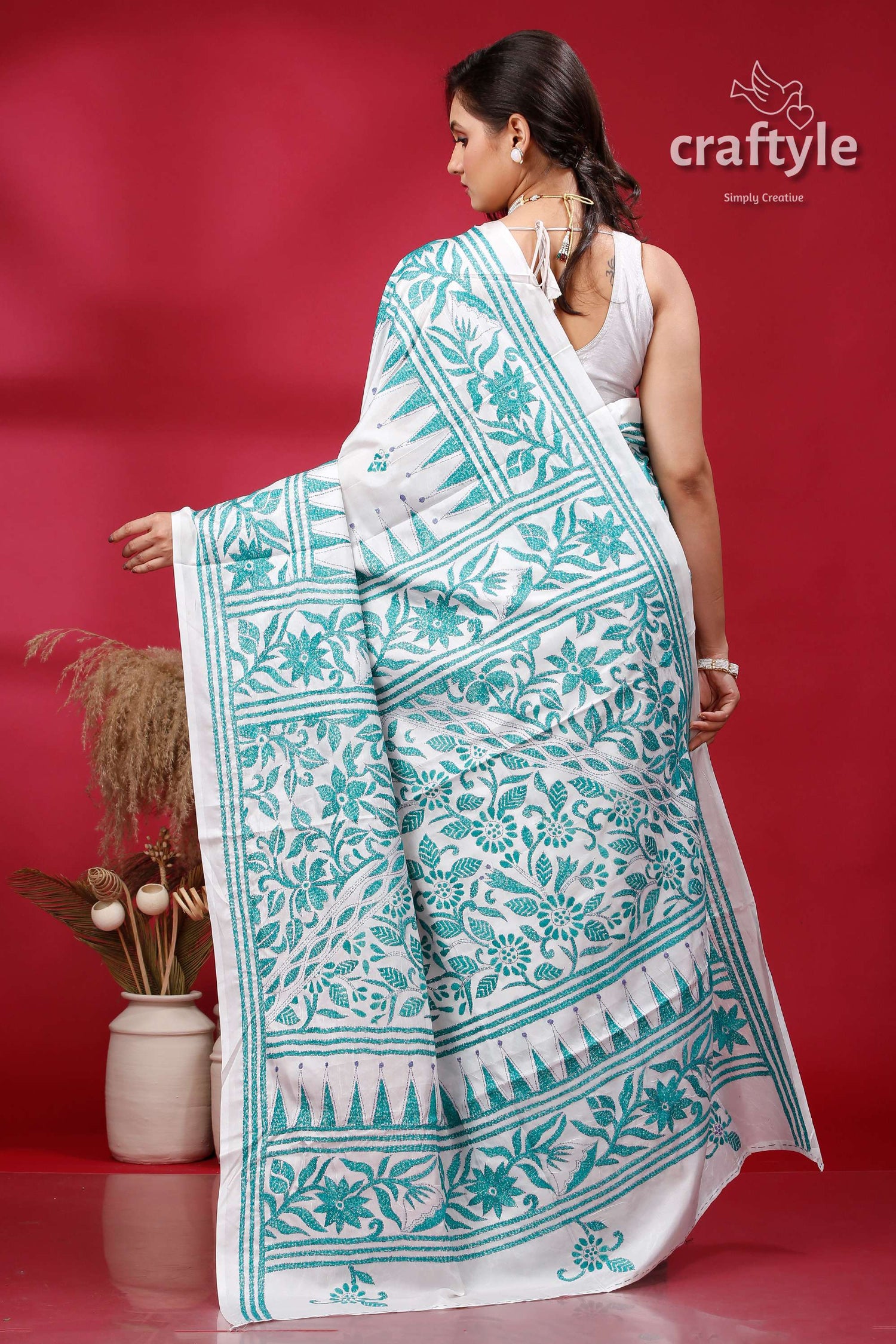 White and Persian Green Hand Embroidery Silk Kantha Saree - Craftyle