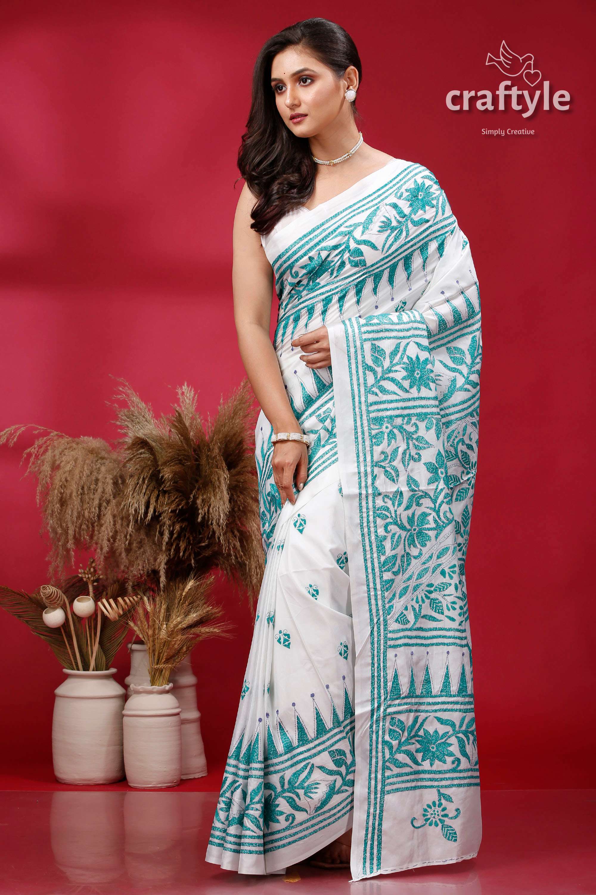 White and Persian Green Hand Embroidery Silk Kantha Saree - Craftyle