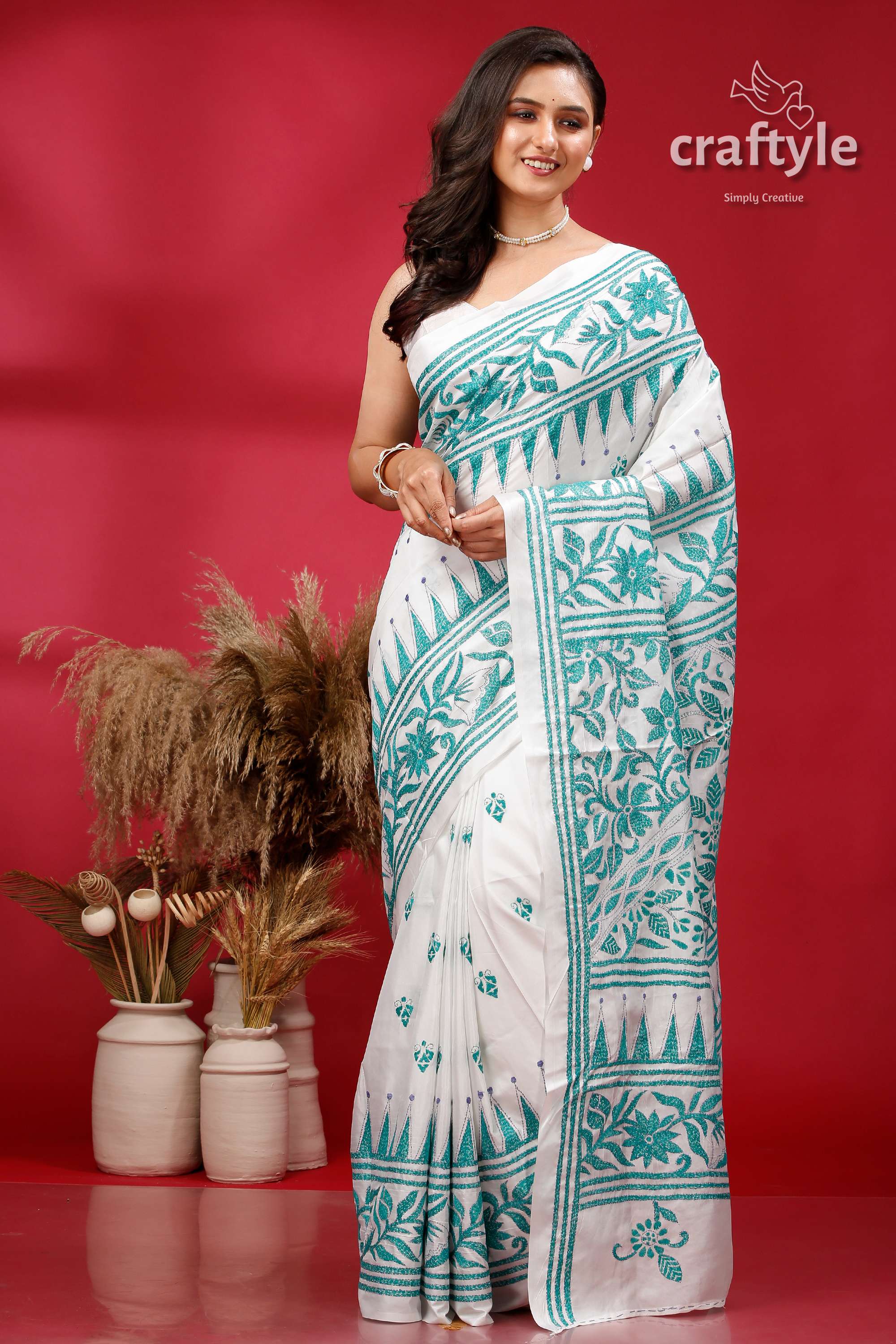 White and Persian Green Hand Embroidery Silk Kantha Saree - Craftyle