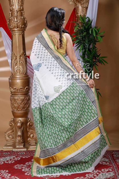 White and Pickle Green Hand Block Kerala Cotton Saree-Craftyle