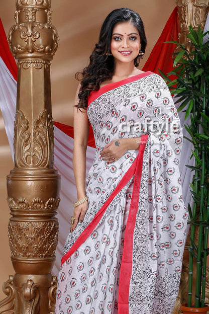 White and Red Hand Block Pure Cotton Saree-Craftyle