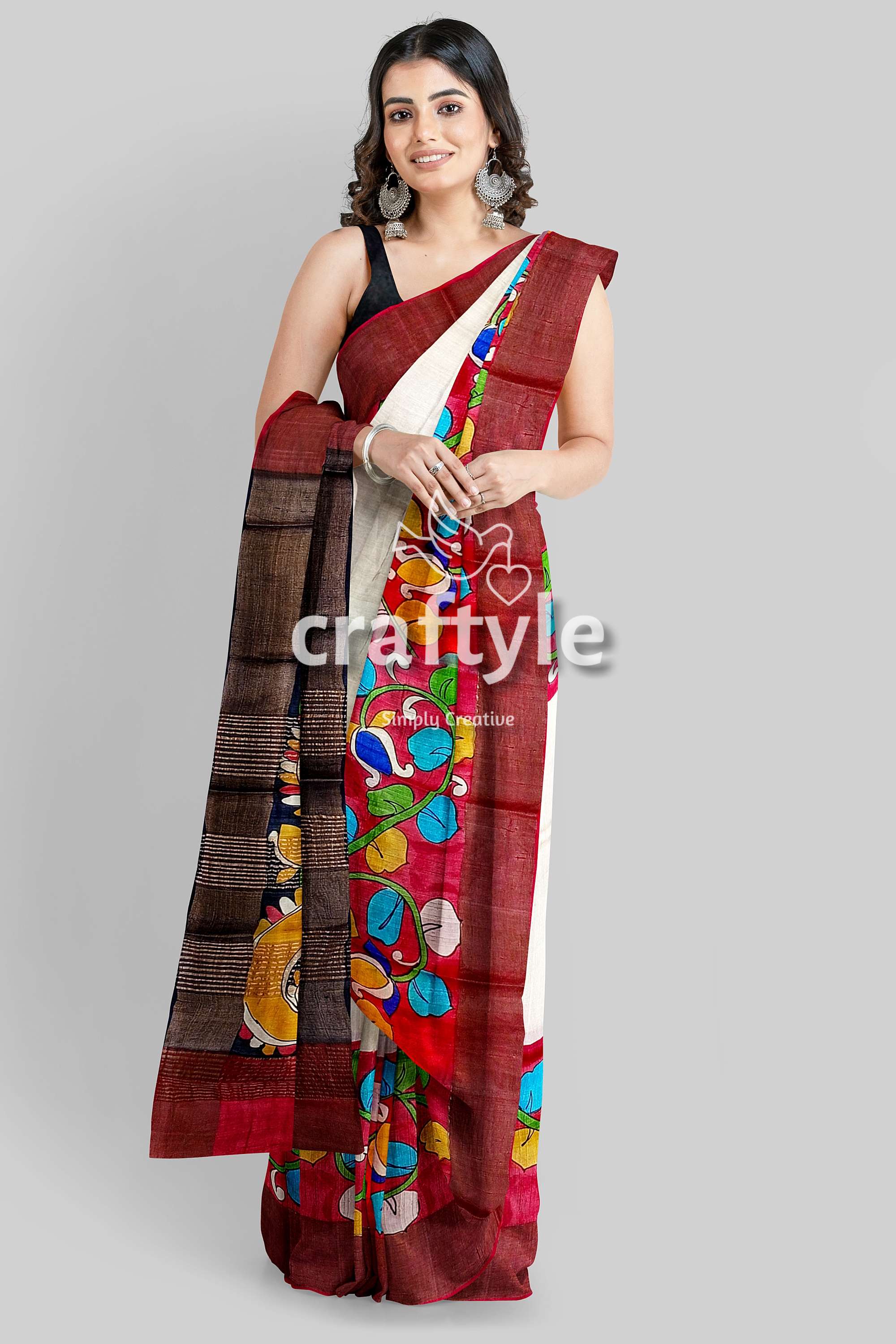 White and Red Pure Tussar Kalamkari Saree with Zari Border - Hand Painted - Craftyle