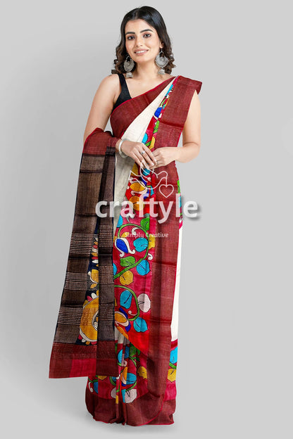 White and Red Pure Tussar Kalamkari Saree with Zari Border - Hand Painted - Craftyle