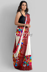 White and Red Pure Tussar Kalamkari Saree with Zari Border - Hand Painted - Craftyle