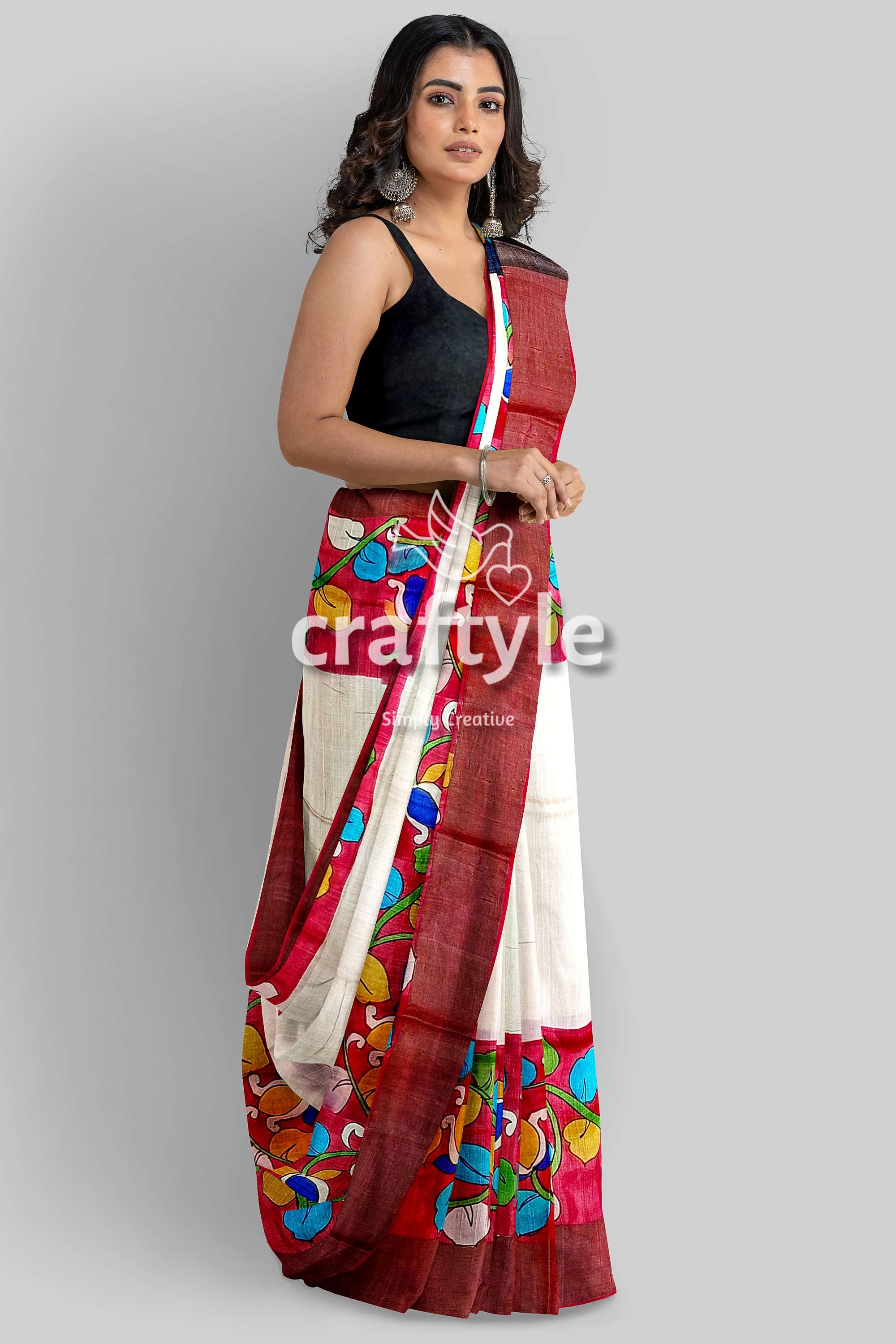 White and Red Pure Tussar Kalamkari Saree with Zari Border - Hand Painted - Craftyle