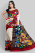 White and Red Pure Tussar Kalamkari Saree with Zari Border - Hand Painted - Craftyle