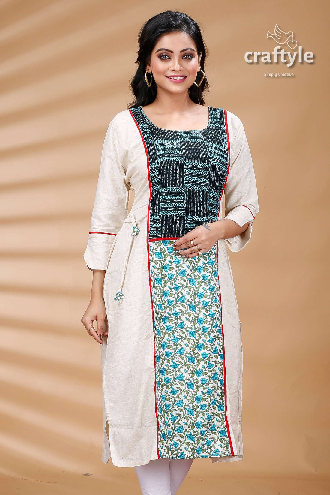 White Cotton Mix and Match Kurti With Kantha Embroidery - Craftyle