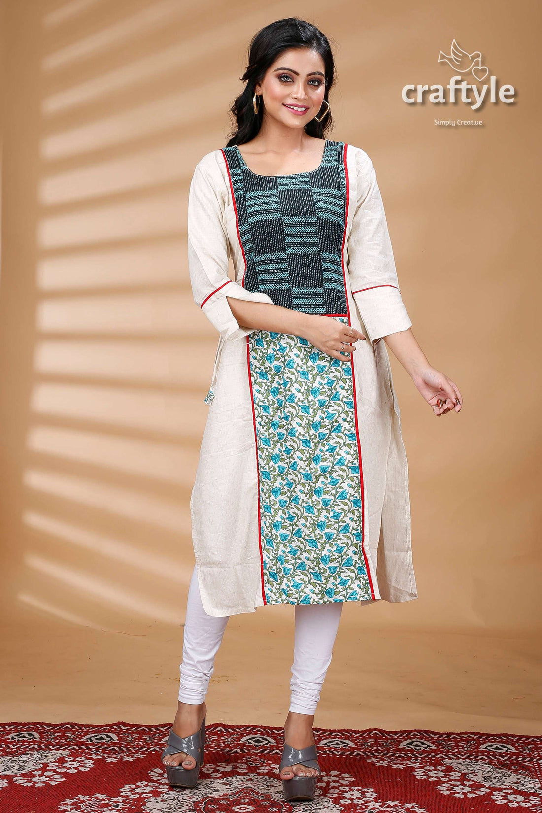 White Cotton Mix and Match Kurti With Kantha Embroidery - Craftyle