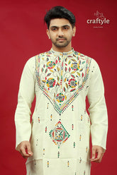 White Multicolor Thread Kantha Stitch Cotton Panjabi for Men - Craftyle