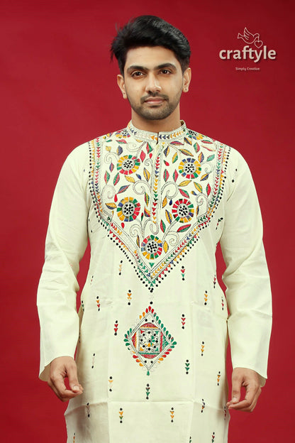 White Multicolor Thread Kantha Stitch Cotton Panjabi for Men - Craftyle