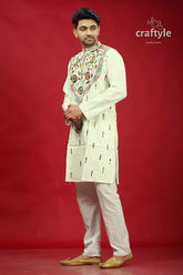 White Multicolor Thread Kantha Stitch Cotton Panjabi for Men - Craftyle