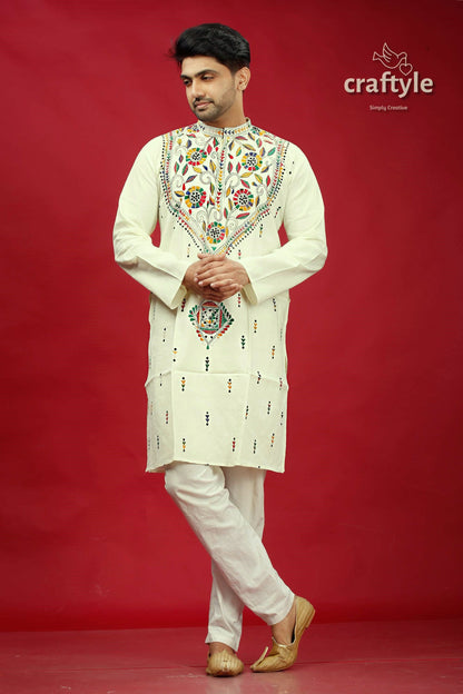 White Multicolor Thread Kantha Stitch Cotton Panjabi for Men - Craftyle