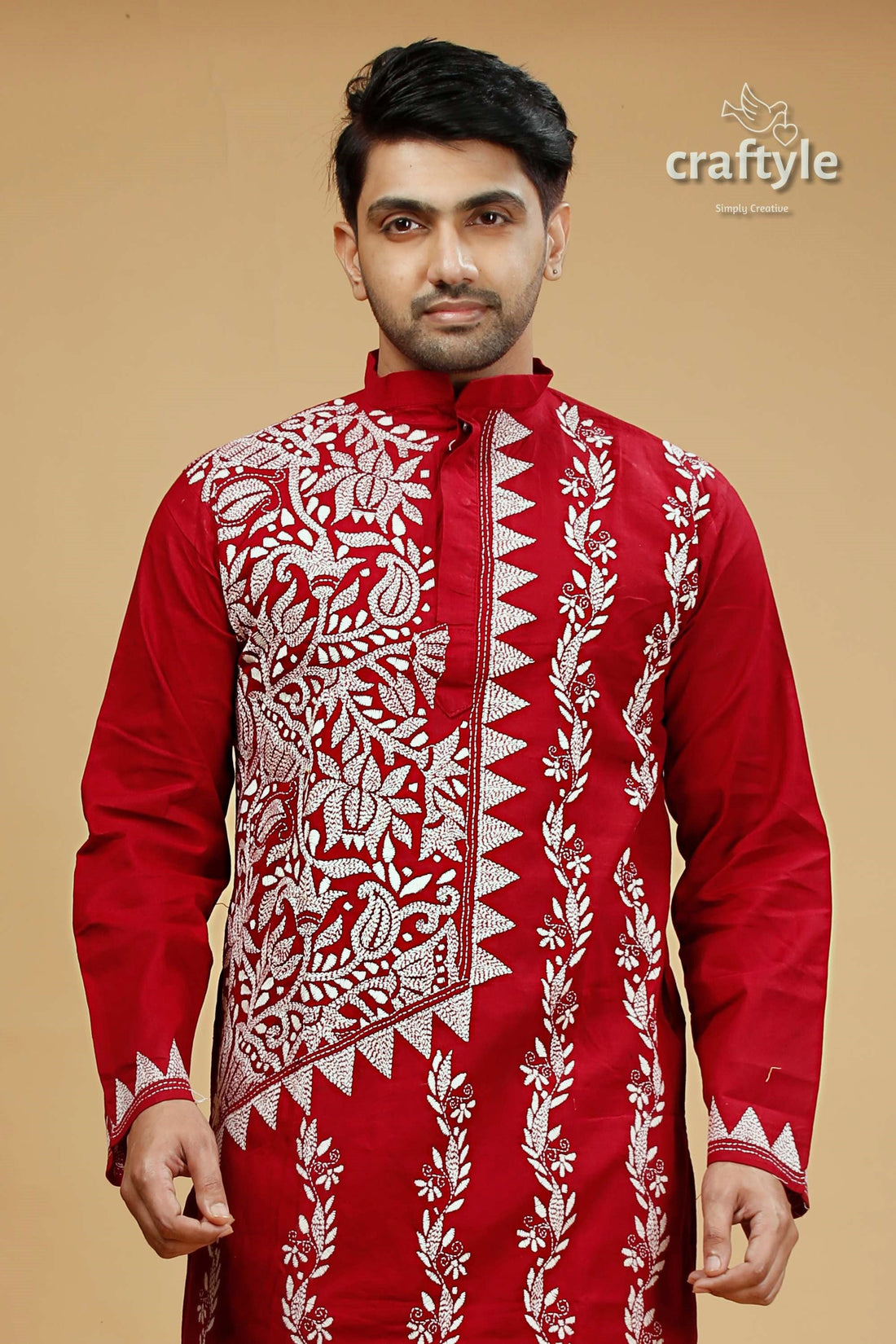 White Thread Burgundy Red Kantha Work Ethnic Cotton Kurta for Men - Craftyle