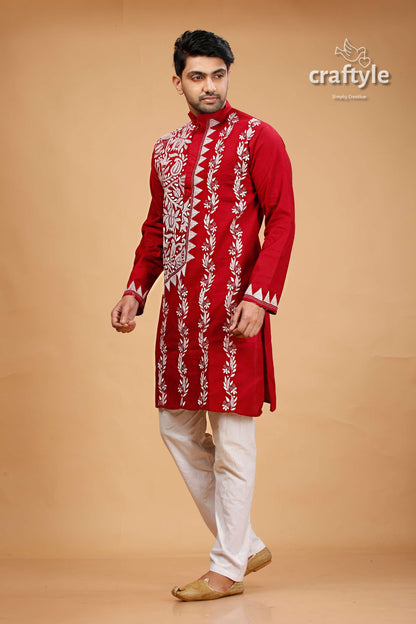 White Thread Burgundy Red Kantha Work Ethnic Cotton Kurta for Men - Craftyle