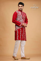 White Thread Burgundy Red Kantha Work Ethnic Cotton Kurta for Men - Craftyle