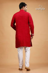 White Thread Burgundy Red Kantha Work Ethnic Cotton Kurta for Men - Craftyle