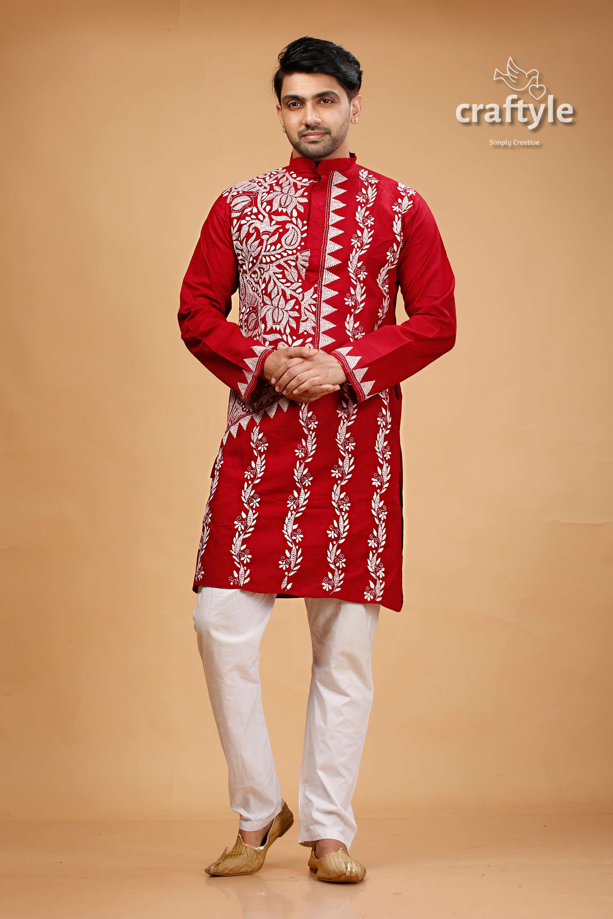 White Thread Burgundy Red Kantha Work Ethnic Cotton Kurta for Men - Craftyle