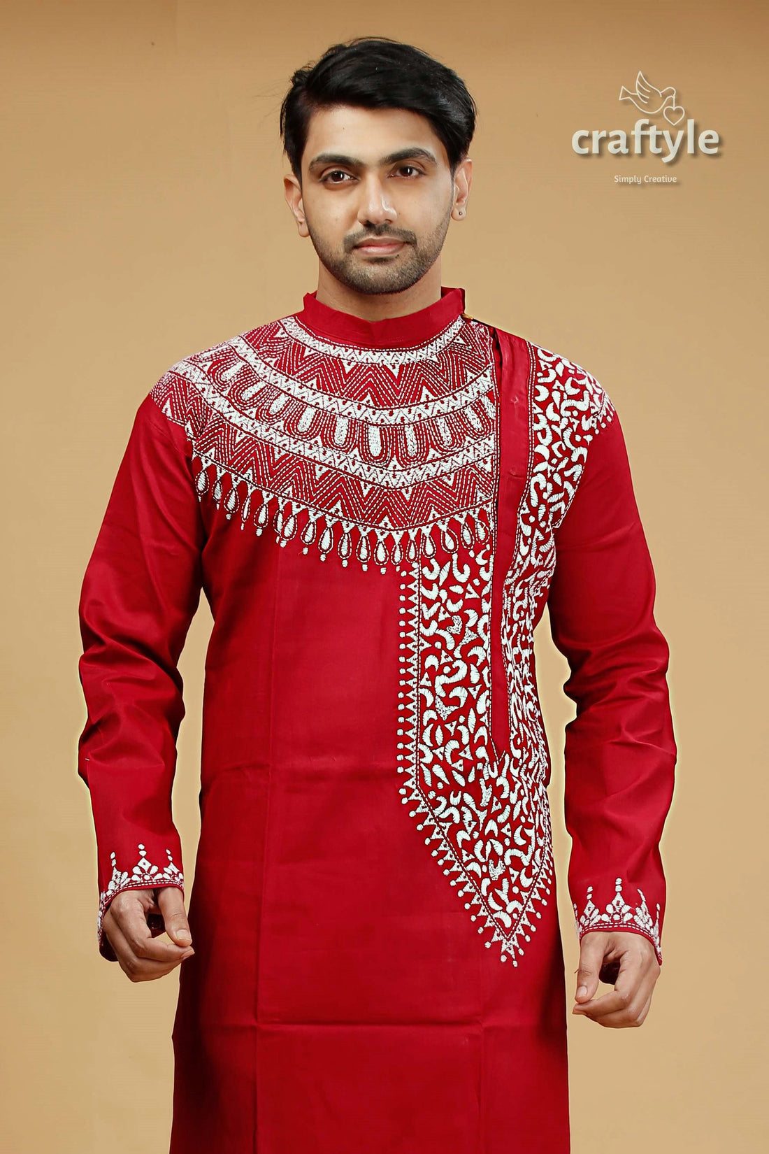 White Thread Work Paprika Red Kantha Mens Kurta - Craftyle