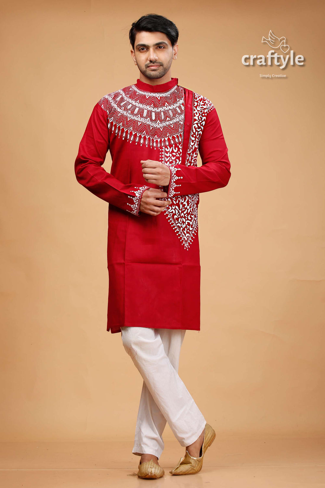 White Thread Work Paprika Red Kantha Mens Kurta - Craftyle