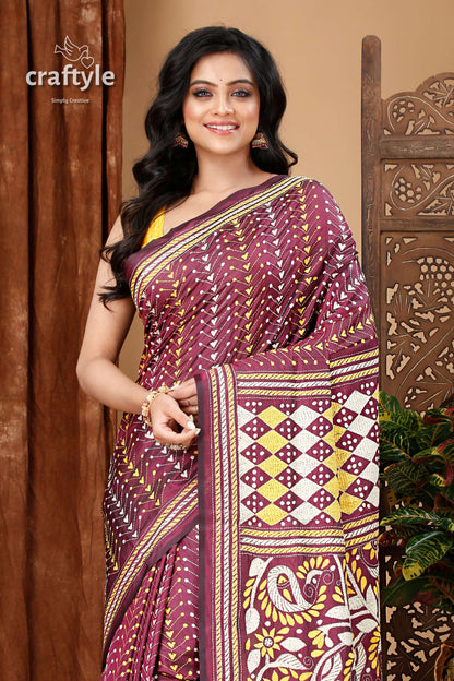 Wine Berry All-Over-Work Exquisite Kantha Stitch Saree - Craftyle