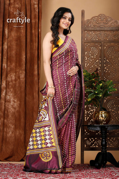 Wine Berry All-Over-Work Exquisite Kantha Stitch Saree - Craftyle