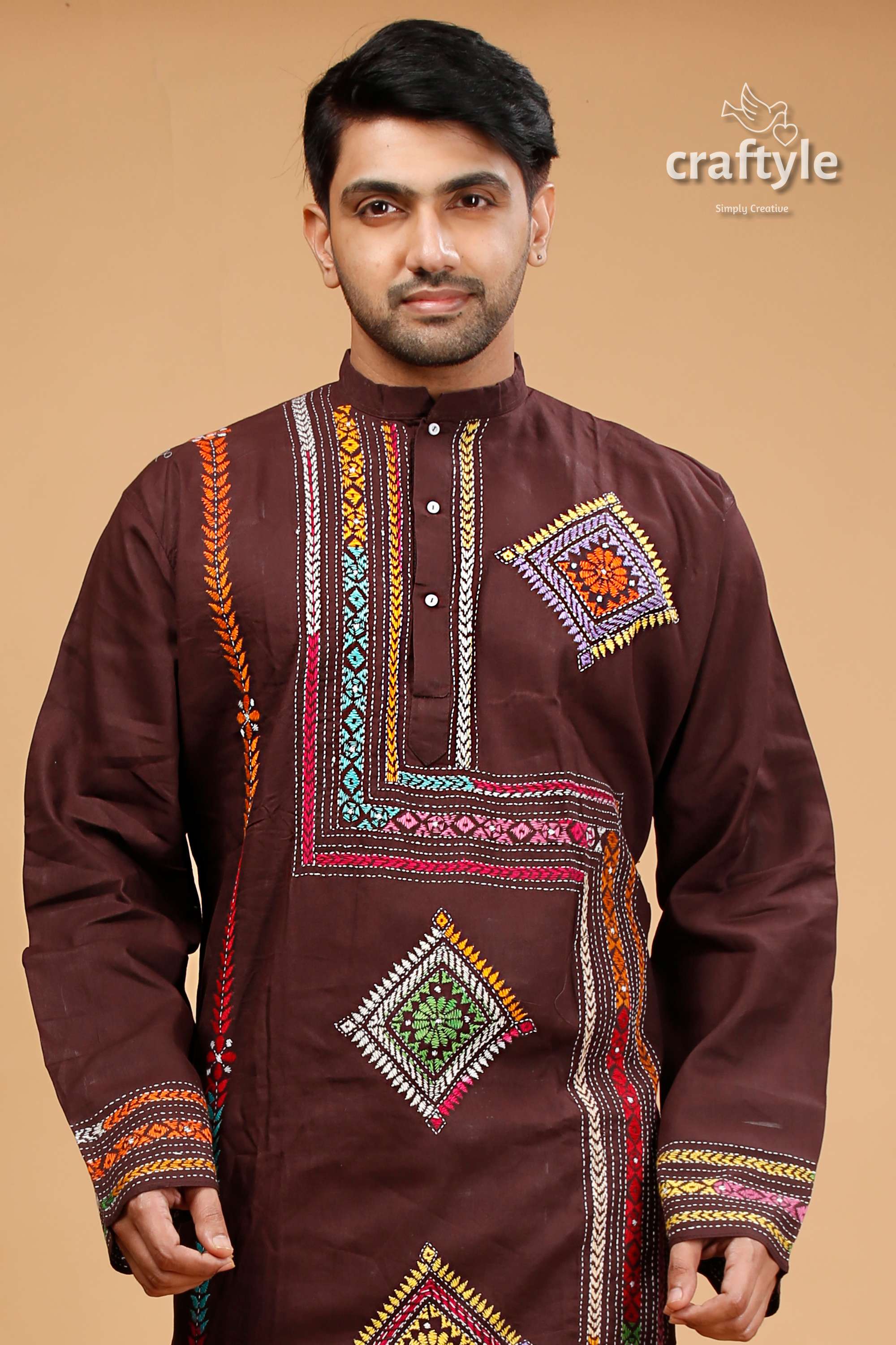 Woody Brown Multithread Kantha Embroidered Mens Cotton Kurta - Craftyle