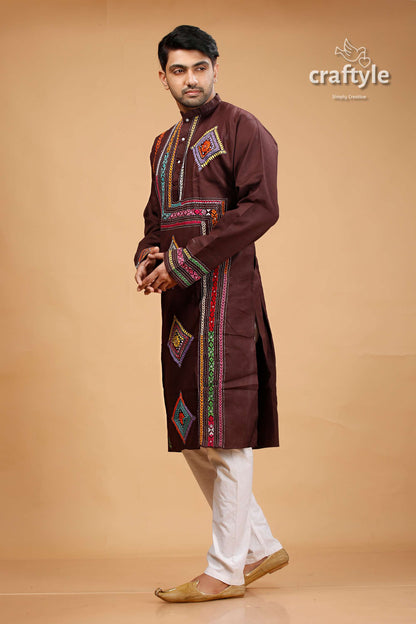 Woody Brown Multithread Kantha Embroidered Mens Cotton Kurta - Craftyle