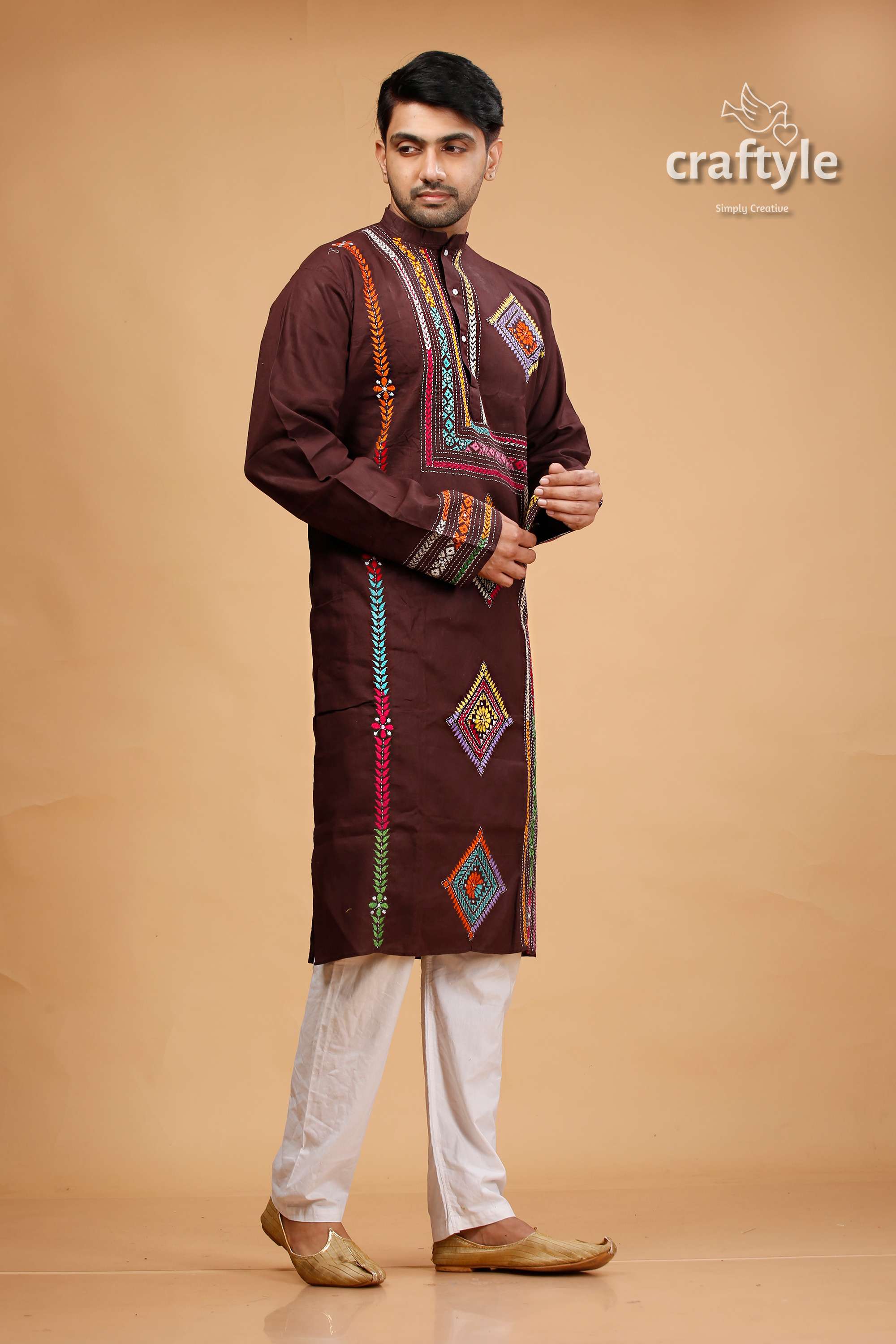 Woody Brown Multithread Kantha Embroidered Mens Cotton Kurta - Craftyle