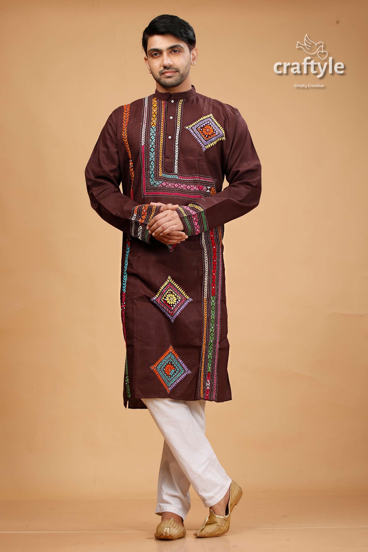 Woody Brown Multithread Kantha Embroidered Mens Cotton Kurta - Craftyle