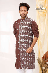 Woody Brown White Thread Work Kantha Cotton Panjabi for Men - Craftyle