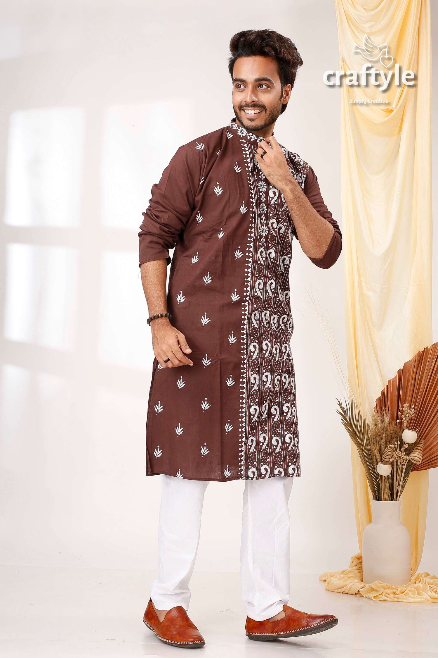 Woody Brown White Thread Work Kantha Cotton Panjabi for Men - Craftyle