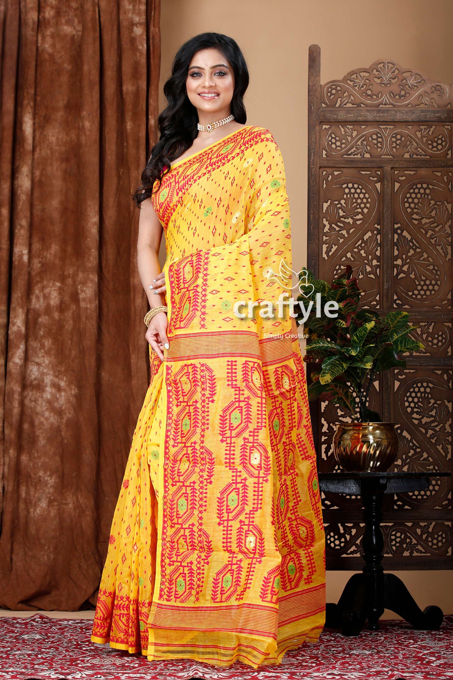 Yellow and Rose Red Traditional Dhakai Jamdani Saree - Craftyle