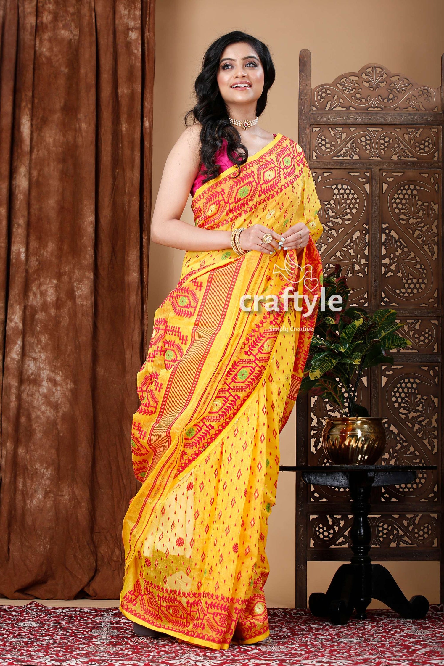 Yellow and Rose Red Traditional Dhakai Jamdani Saree - Craftyle