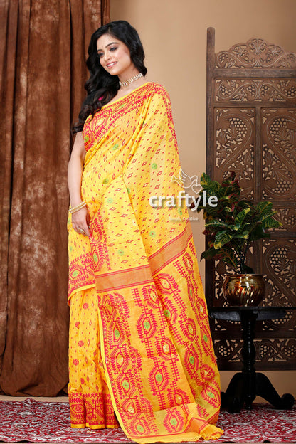 Yellow and Rose Red Traditional Dhakai Jamdani Saree - Craftyle