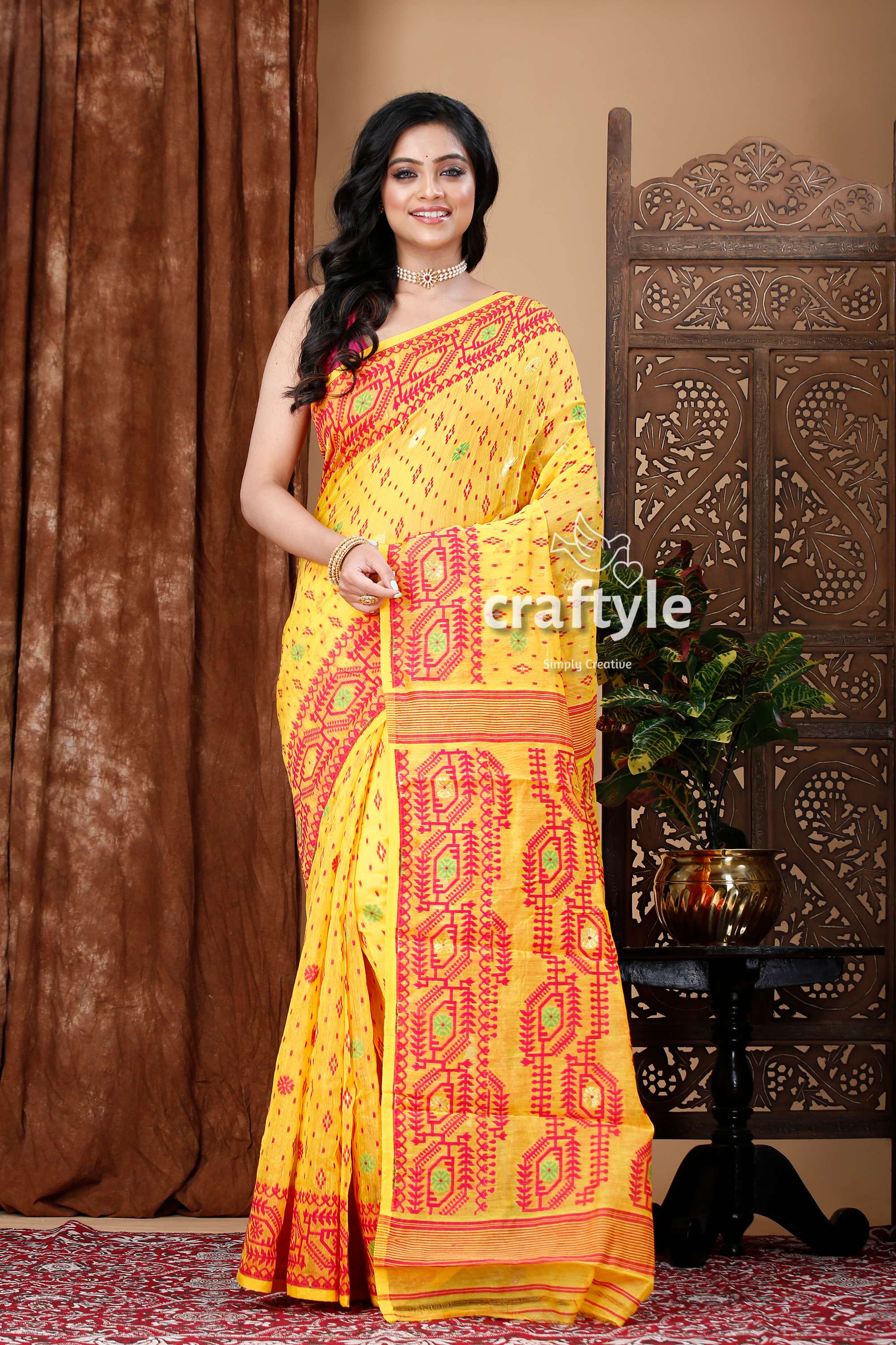 Yellow and Rose Red Traditional Dhakai Jamdani Saree - Craftyle