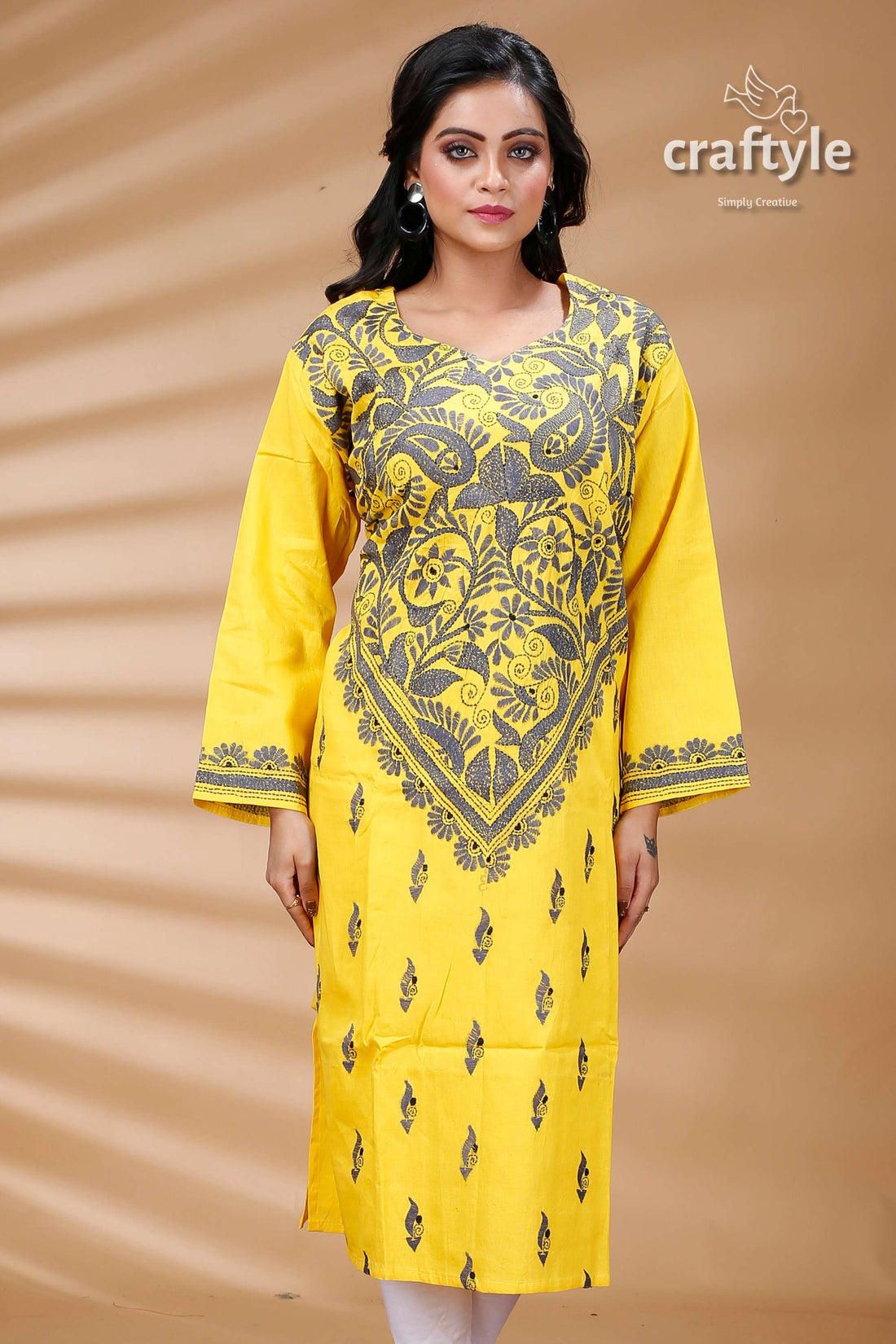 Yellow and Slate Grey All Over Work Kantha Cotton Kurti - Craftyle