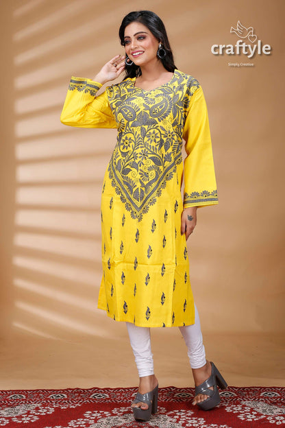 Yellow and Slate Grey All Over Work Kantha Cotton Kurti - Craftyle