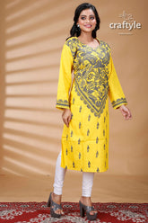 Yellow and Slate Grey All Over Work Kantha Cotton Kurti - Craftyle