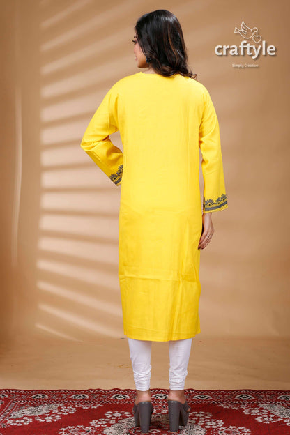 Yellow and Slate Grey All Over Work Kantha Cotton Kurti - Craftyle