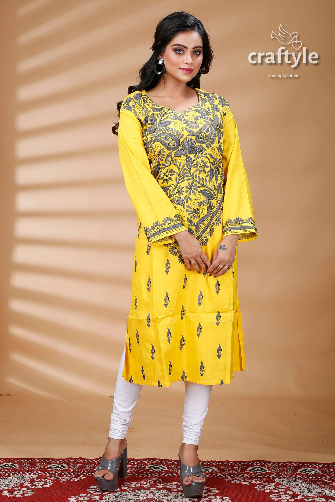 Yellow and Slate Grey All Over Work Kantha Cotton Kurti - Craftyle