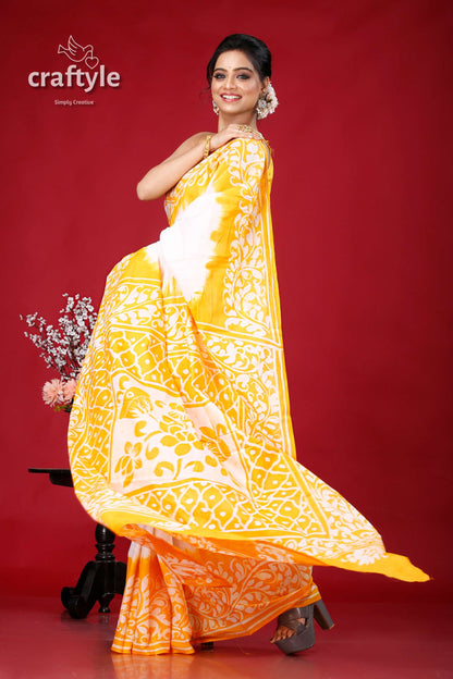 Yellow and White Soru Tuli Hand Batik Pure Cotton Saree - Craftyle