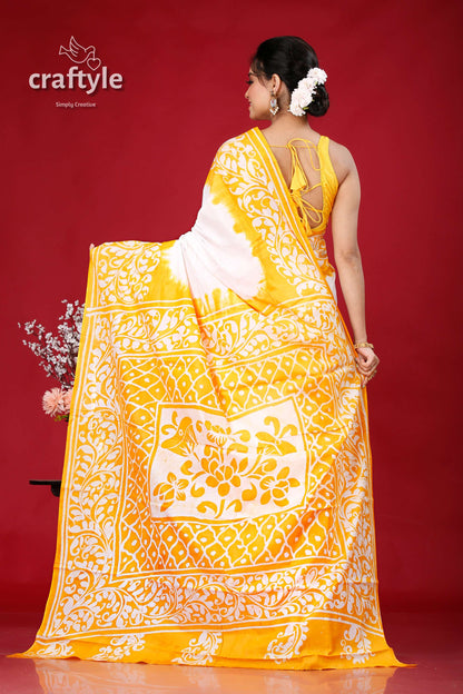 Yellow and White Soru Tuli Hand Batik Pure Cotton Saree - Craftyle