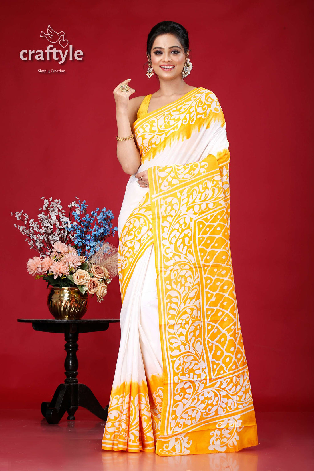 Yellow and White Soru Tuli Hand Batik Pure Cotton Saree - Craftyle