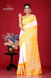 Yellow and White Soru Tuli Hand Batik Pure Cotton Saree - Craftyle