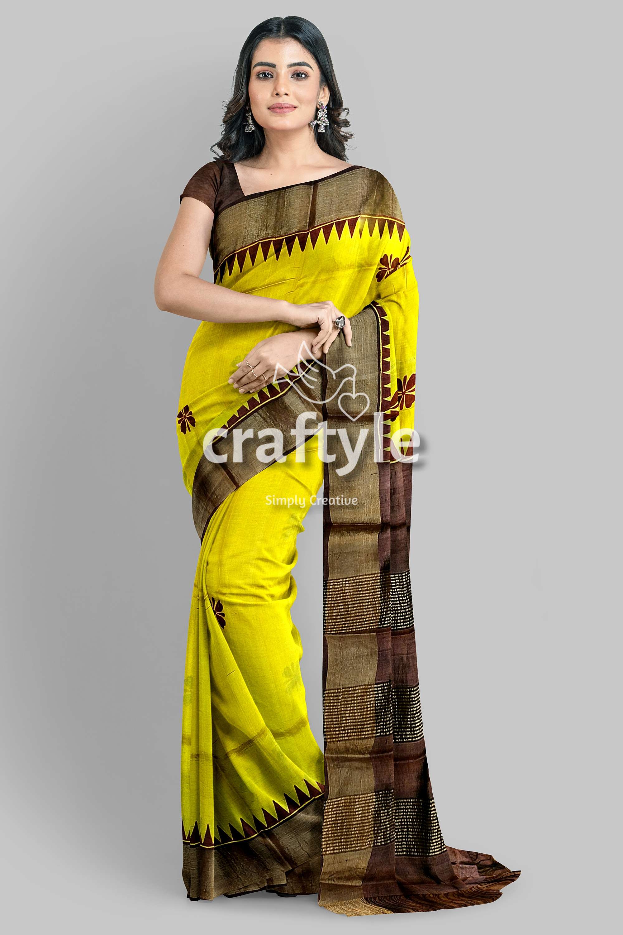 Yellow Coffee Brown Pure Tussar Saree with Hand Block Print Zari Border - Craftyle