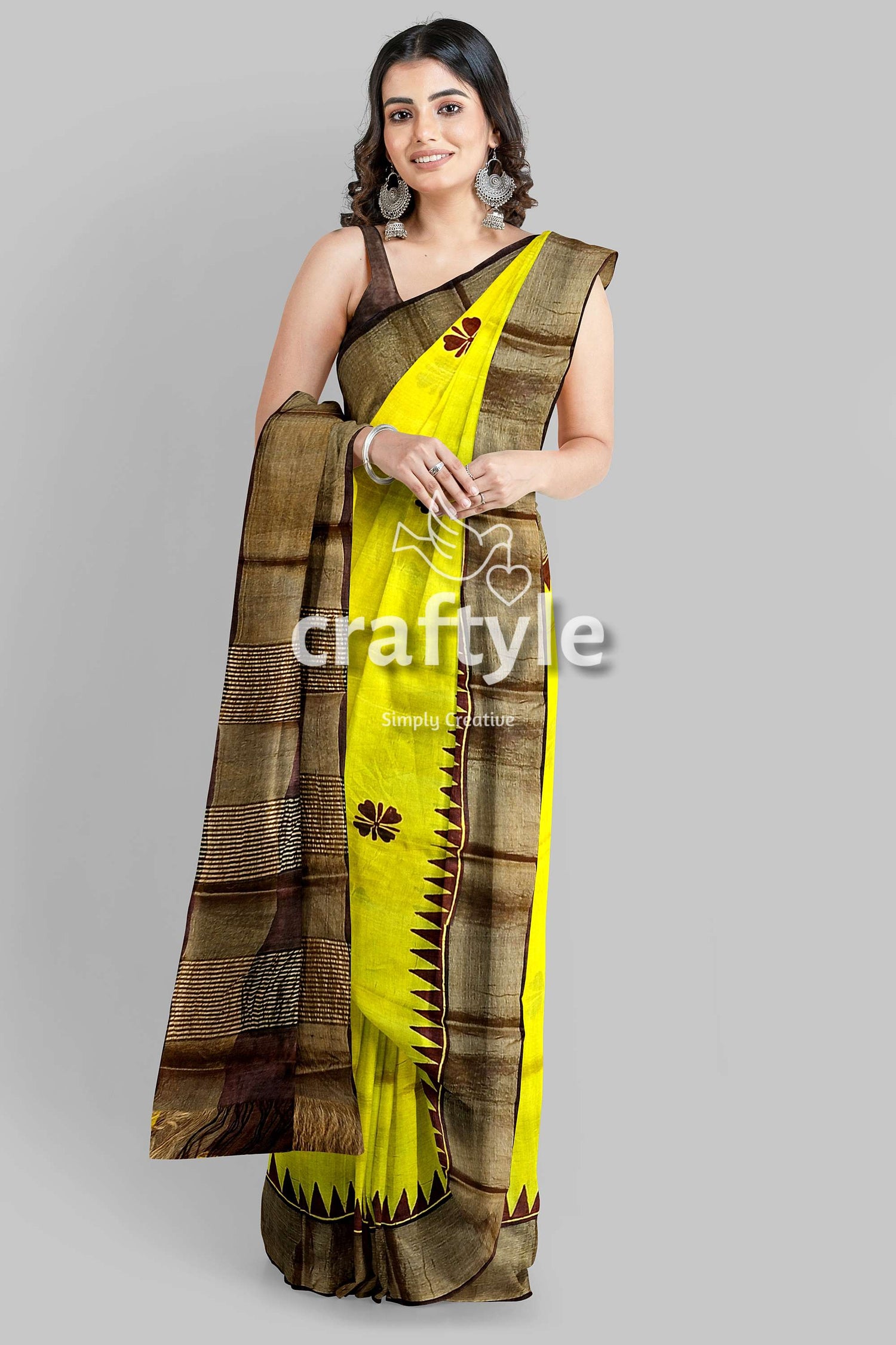 Yellow Coffee Brown Pure Tussar Saree with Hand Block Print Zari Border - Craftyle